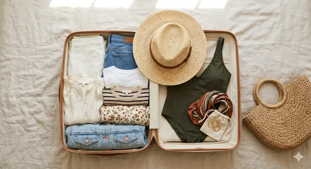 capsule travel wardrobe packed in carry-on suitcase — 10 pieces for 12 Instagram outfits