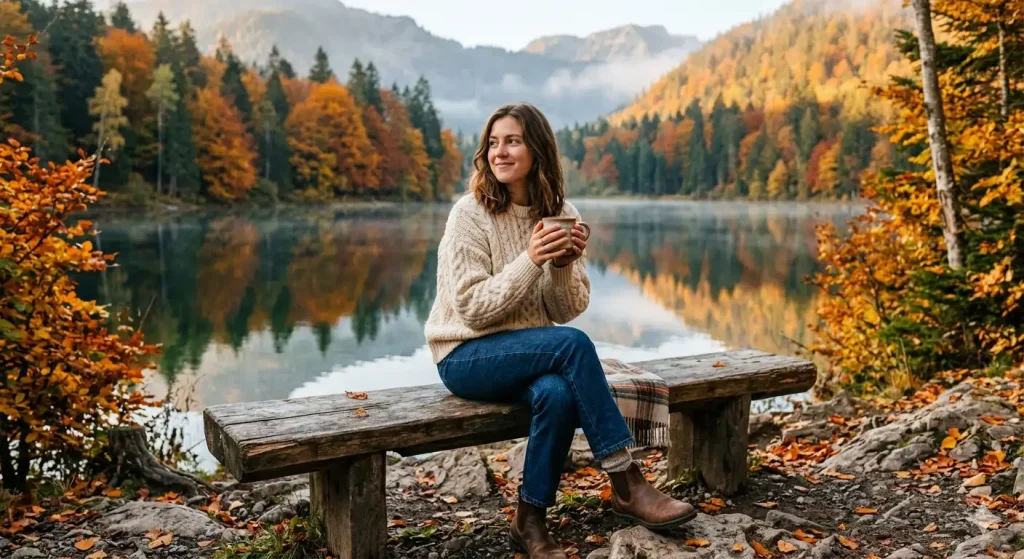 cream chunky knit sweater by mountain lake — cozy autumn travel outfit for Instagram