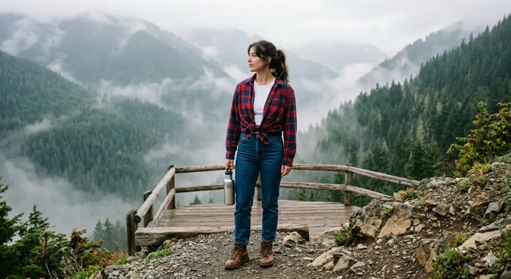 flannel shirt with high-waisted jeans on mountain trail — nature travel outfit for Instagram
