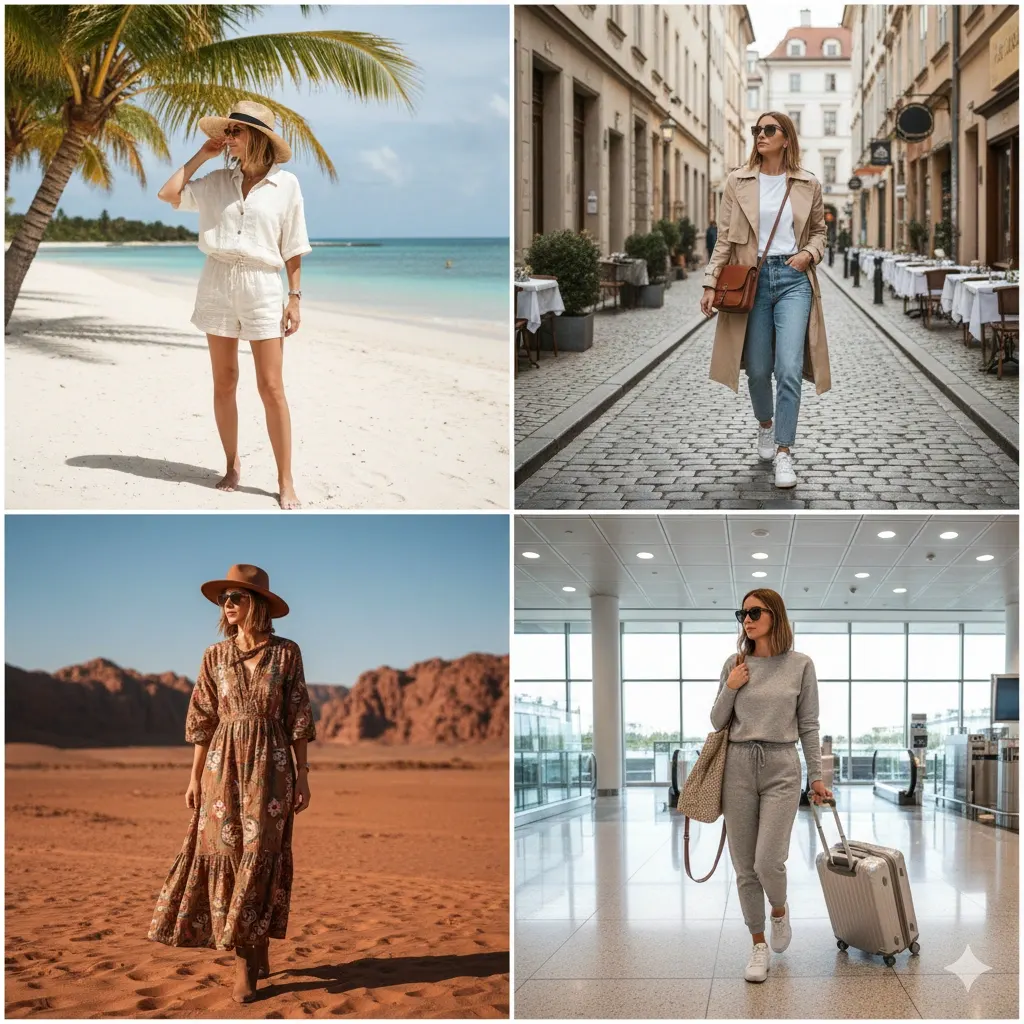 Travel outfit ideas for Instagram pictures featuring chic beach, city, desert and airport looks