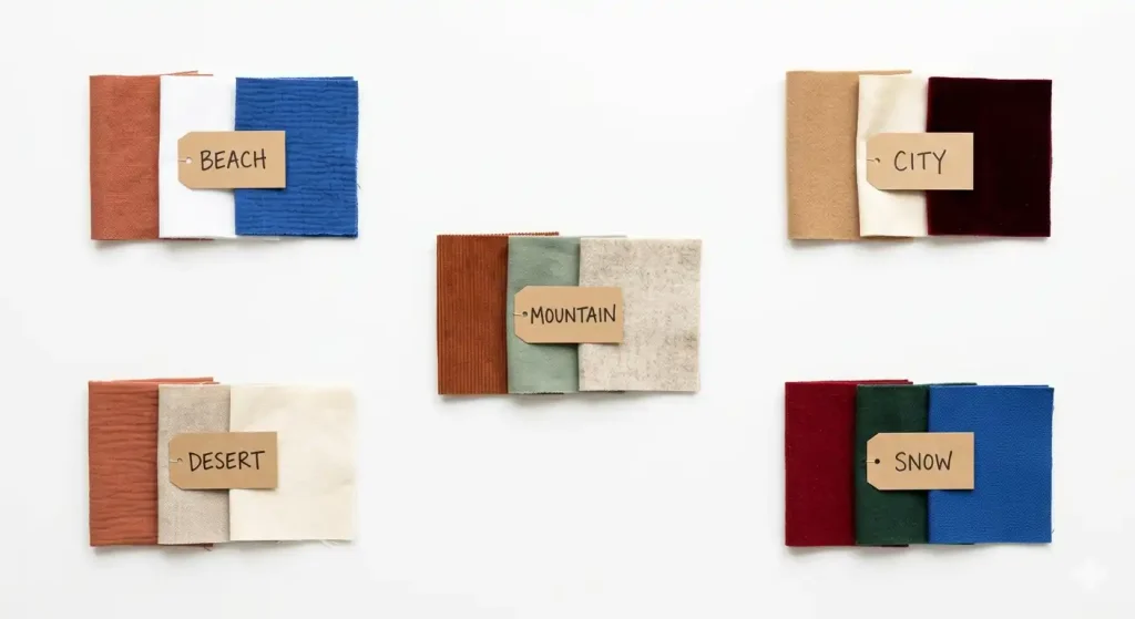 best colors for travel Instagram photos by destination — fabric swatch reference chart