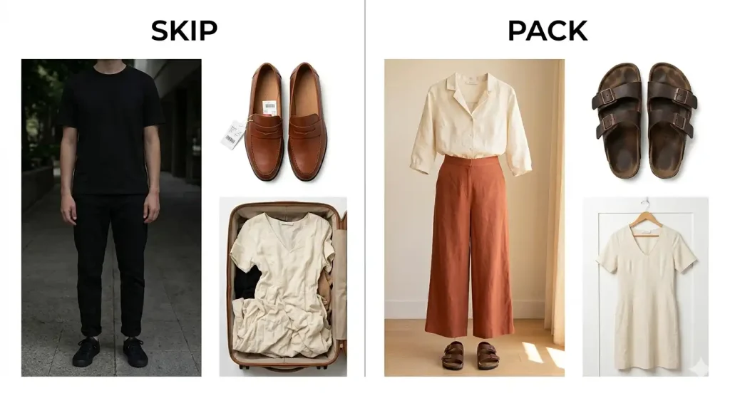 common travel outfit mistakes for Instagram — dark flat outfits vs bright color-contrasted looks
