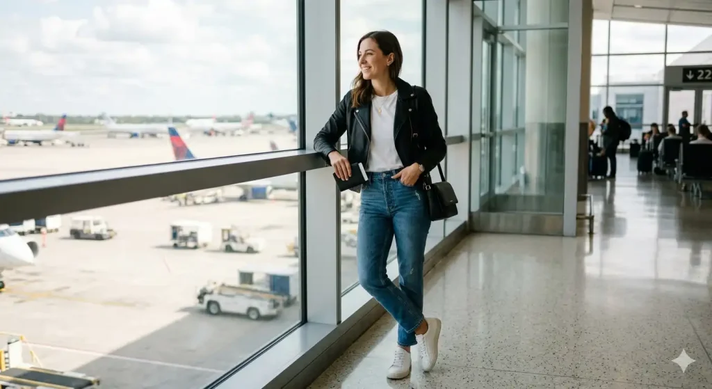 leather jacket with jeans and white tee at airport — classic travel outfit for Instagram