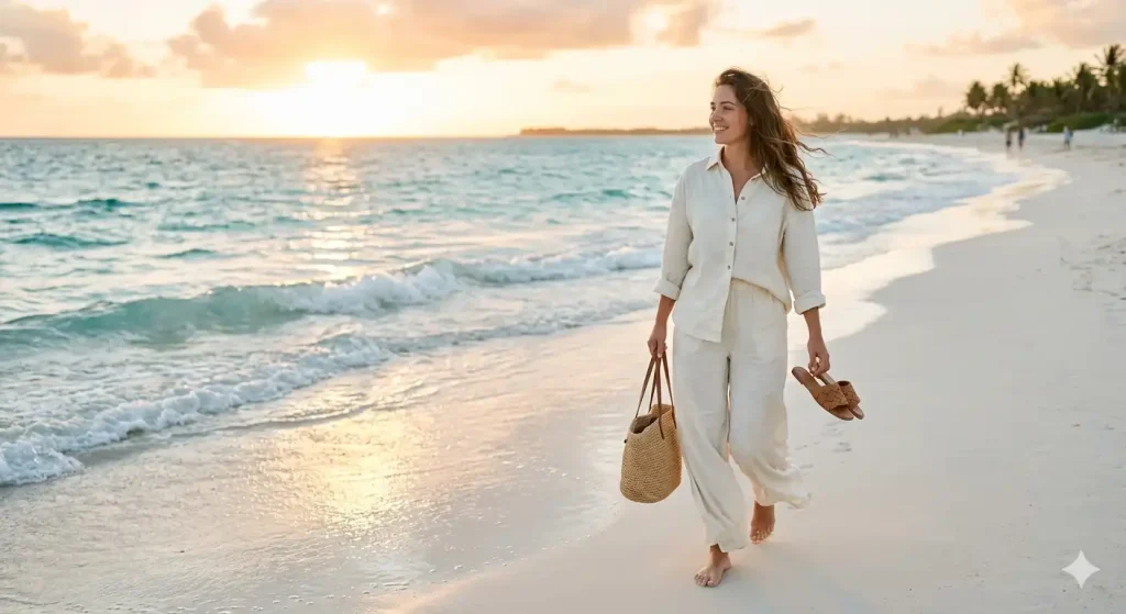 ivory linen co-ord set styled for Instagram beach photos at golden hour