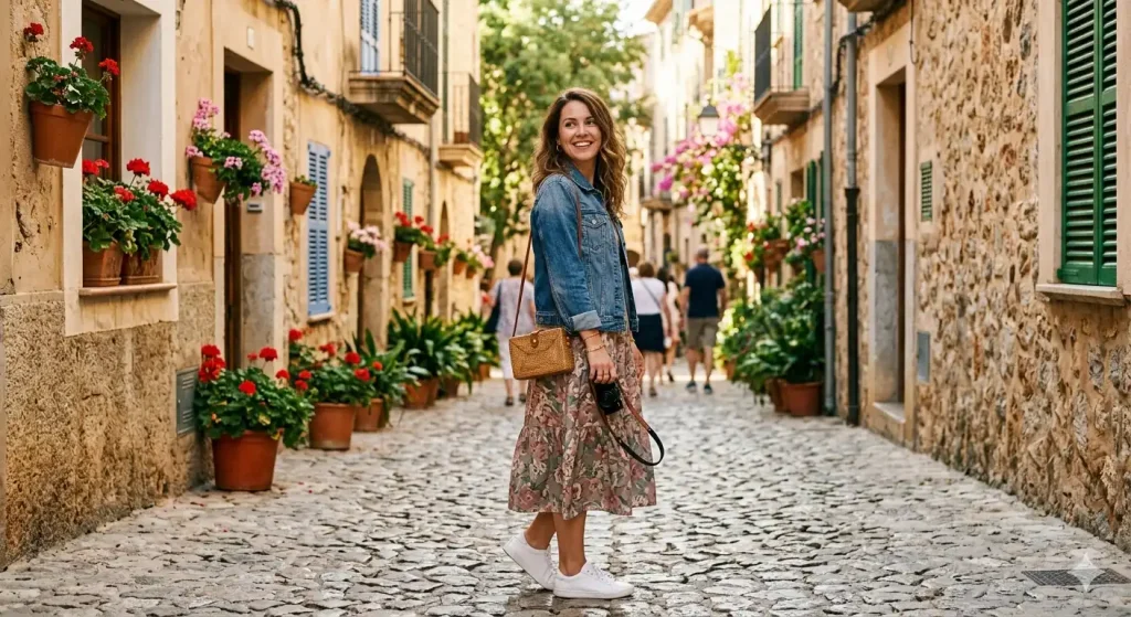 floral midi dress with denim jacket — European city travel outfit for Instagram