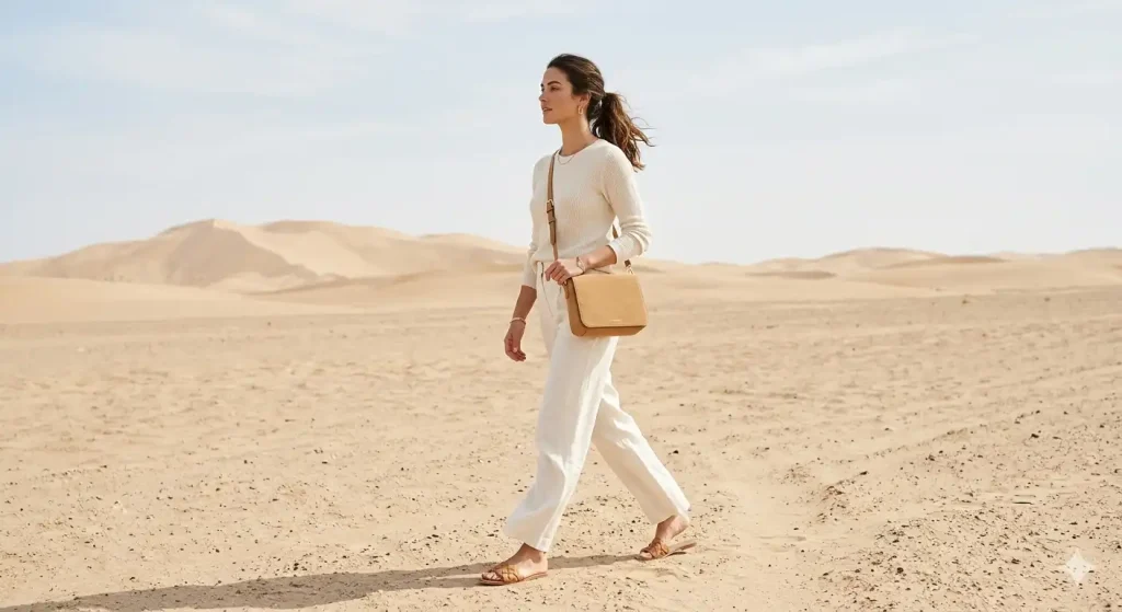 monochrome sand-toned outfit in desert — editorial travel look for Instagram