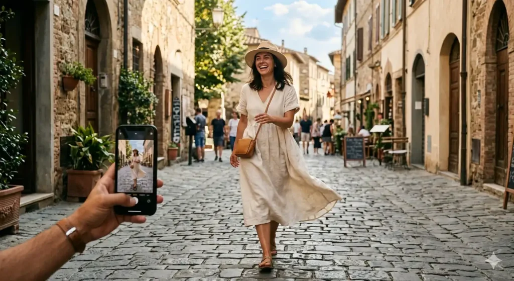 travel outfit posing tip — walking toward camera with natural movement for Instagram