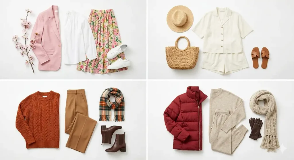 seasonal travel outfit ideas — spring summer autumn winter styling grid for Instagram