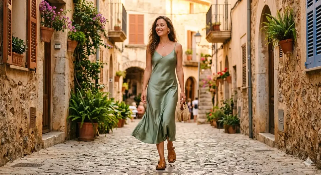 sage satin slip dress at golden hour — elegant European travel outfit for Instagram