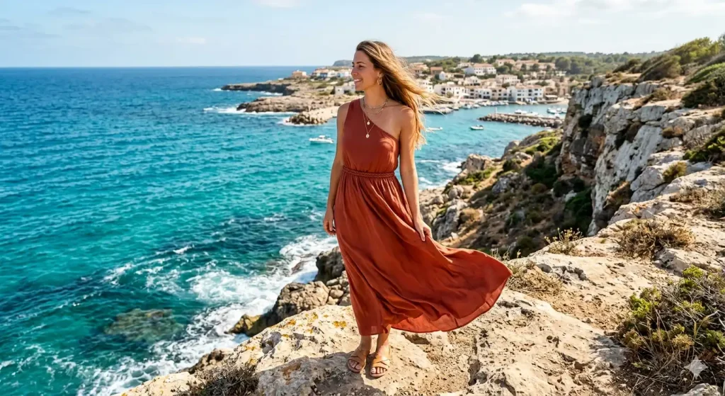 erracotta maxi dress for tropical Instagram photos — coastal overlook with flowing fabric