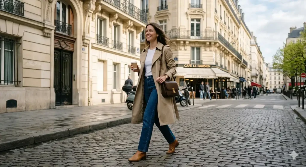 beige trench coat with jeans and ankle boots — chic Paris travel outfit for Instagram