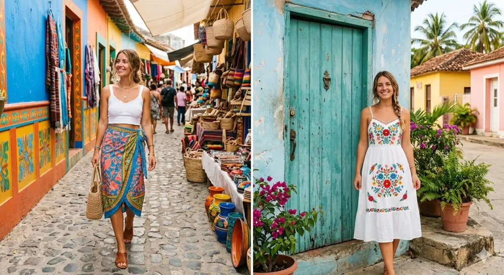colorful wrap skirt and embroidered sundress — two tropical Instagram travel outfit ideas
