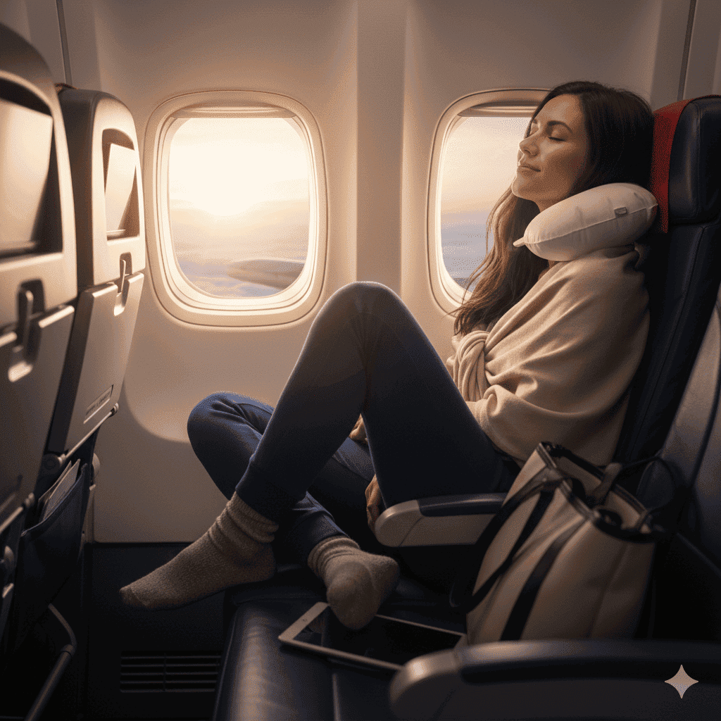 Woman relaxing comfortably on long flight wearing stylish travel pants