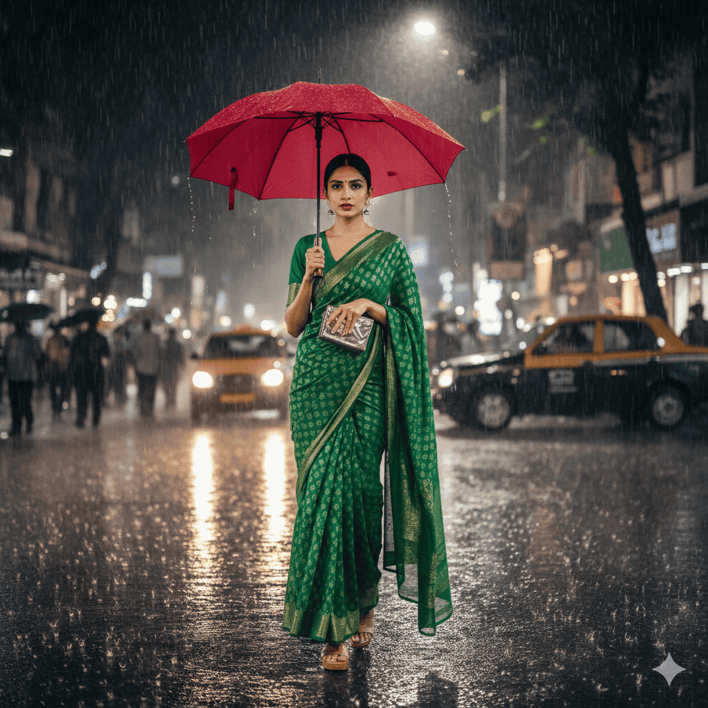 Lightweight georgette travel saree styled for elegant monsoon travel outfits in India