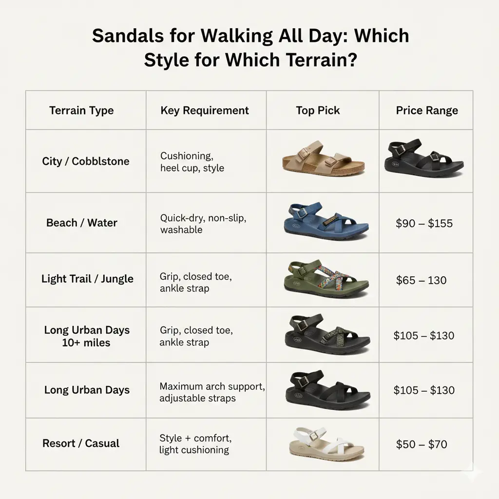 A clean infographic table comparing different types of walking sandals for various terrains like city cobblestones, beach, and light trails. The table includes columns for Terrain Type, Key Requirements, Top Picks (with small product photos), and Price Ranges.