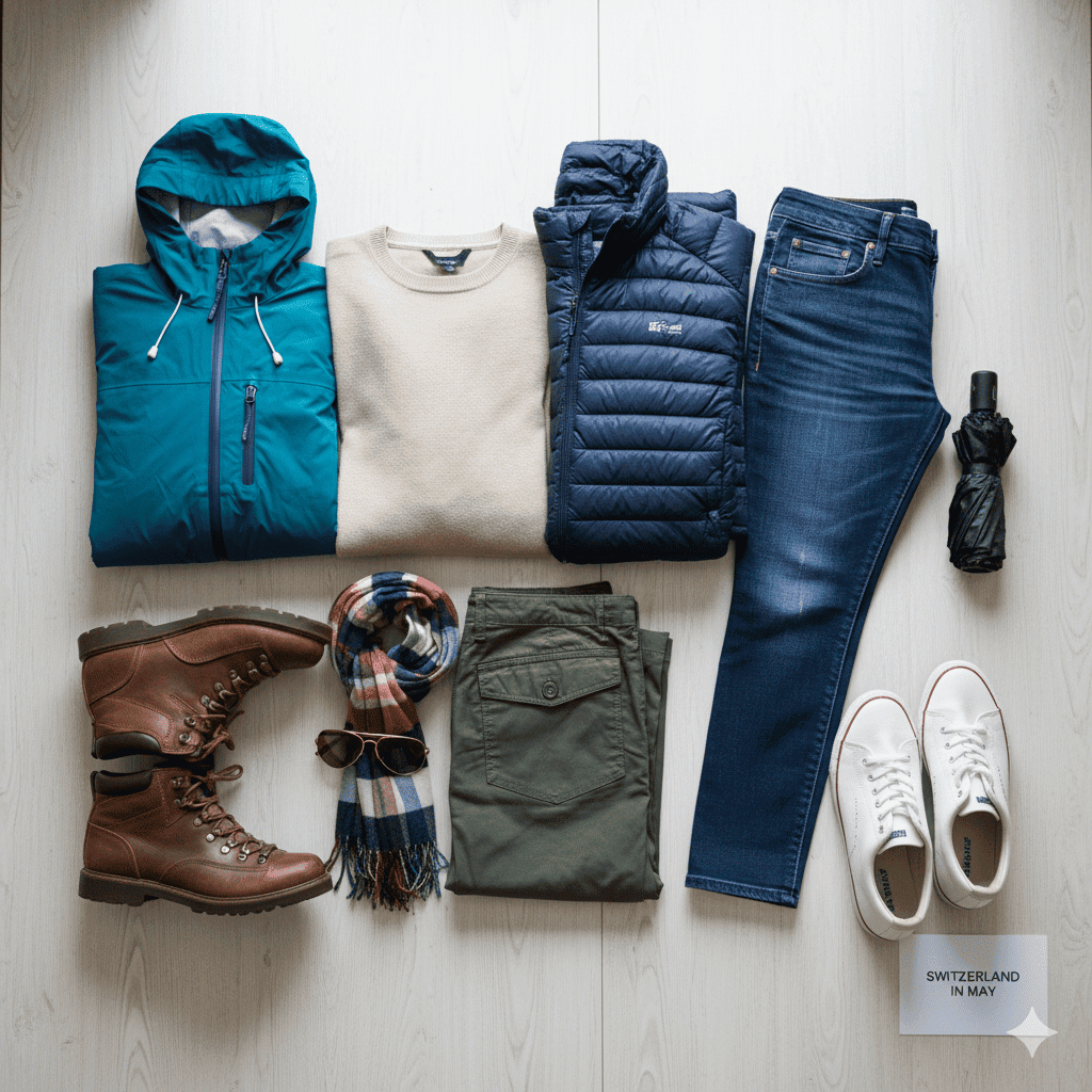 Packing essentials showing what to wear in Switzerland in May including layers and waterproof jacket