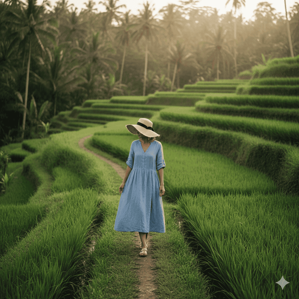 What to wear in Bali for women – linen dress outfit in Ubud rice terraces