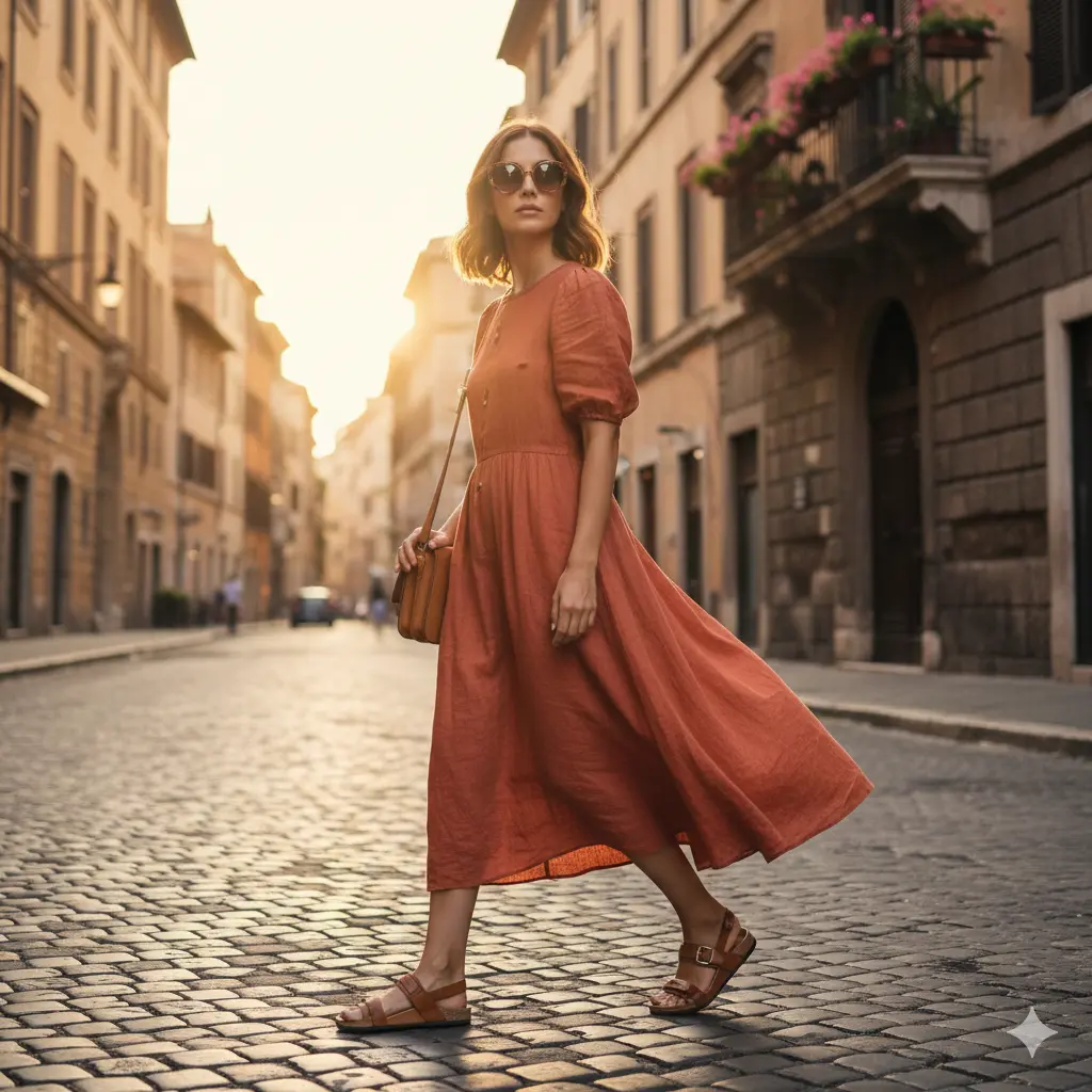 Stylish summer outfit in Rome showing what to wear in Italy in summer with linen dress and leather sandals