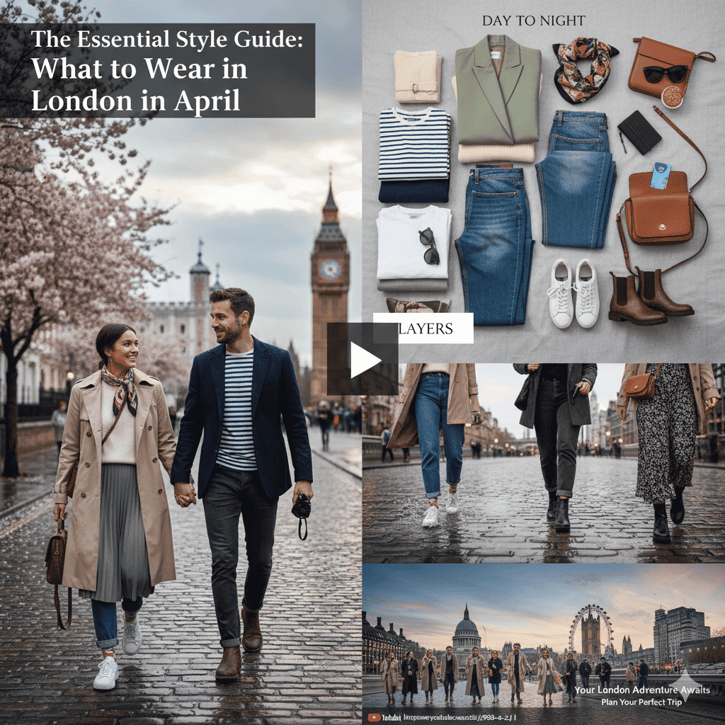 What to wear in London in April 2026 featuring layered spring outfit with trench coat and sneakers near Westminster Abbey