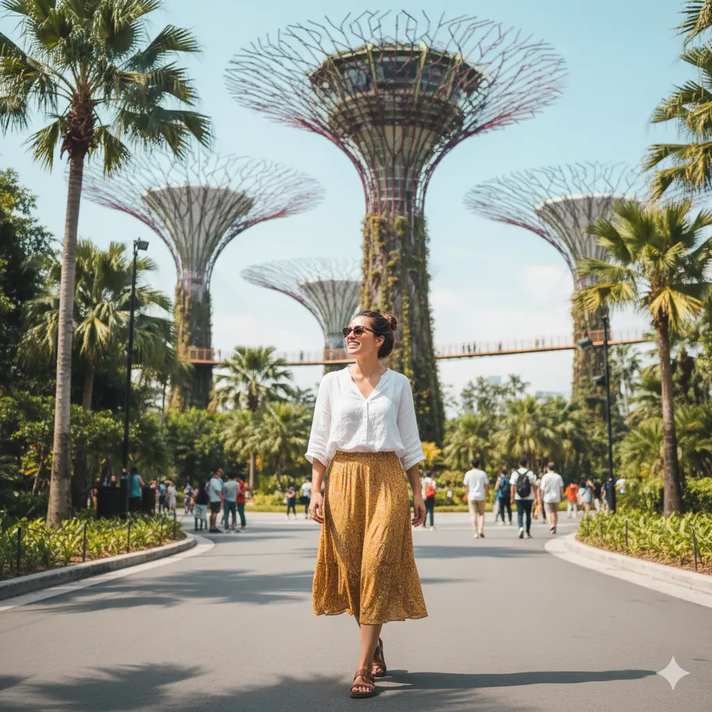 What to wear in Singapore at Gardens by the Bay with breathable summer outfit.
