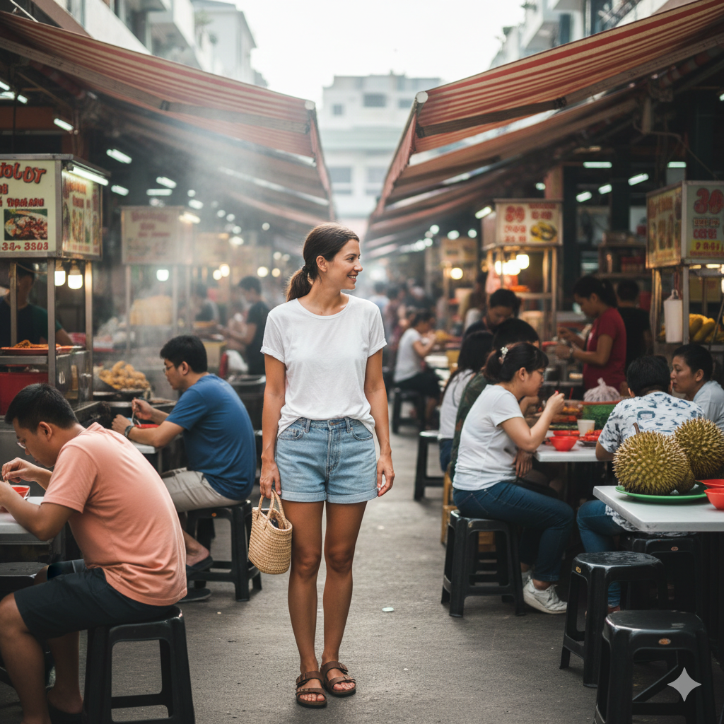 What to wear in Singapore at a hawker centre with lightweight casual clothing.