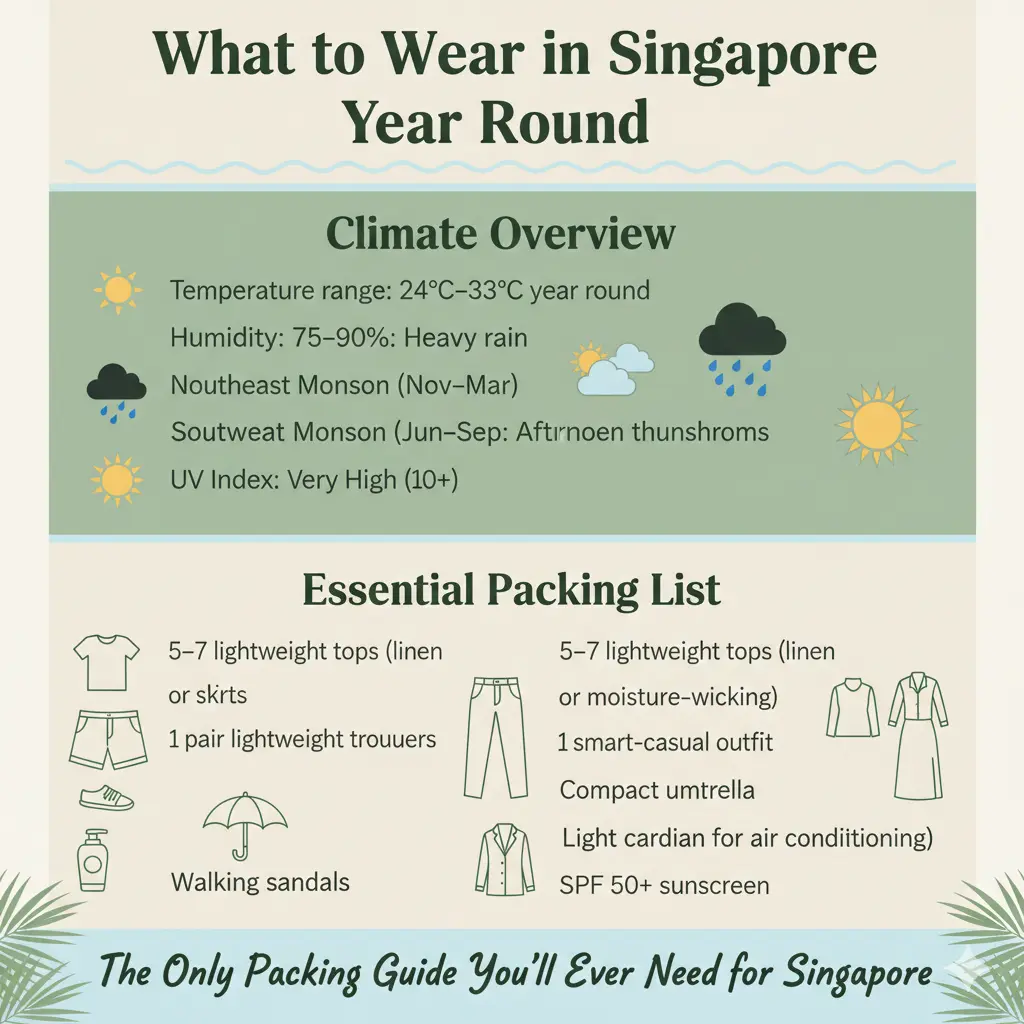 What to wear in Singapore year round infographic showing climate overview and essential packing list.