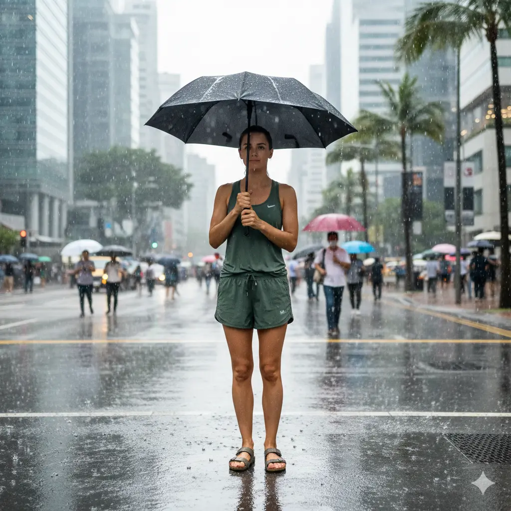 What to wear in Singapore during monsoon season with umbrella and lightweight clothing.