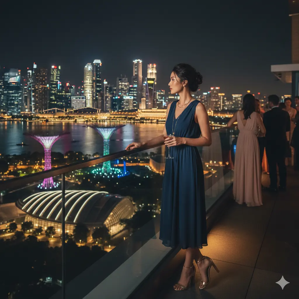 What to wear in Singapore for rooftop bars with a smart-casual evening outfit.
