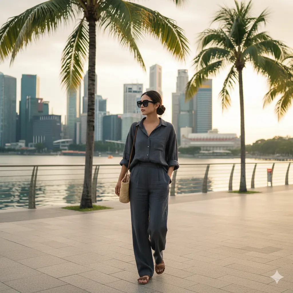 What to wear in Singapore year round featuring a lightweight linen outfit near Marina Bay.