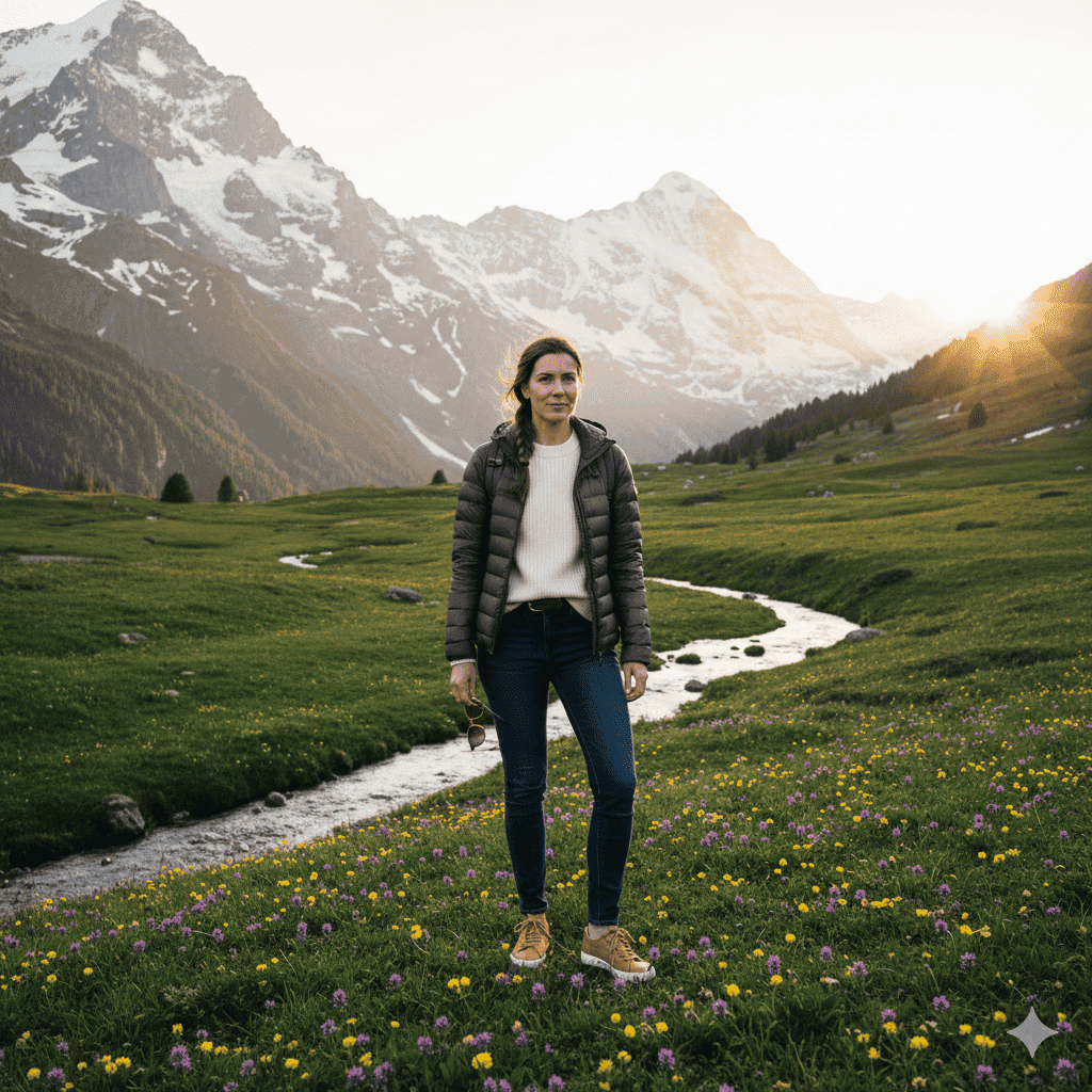 Woman wearing layered outfit in the Swiss Alps in spring showing what to wear in Switzerland in May