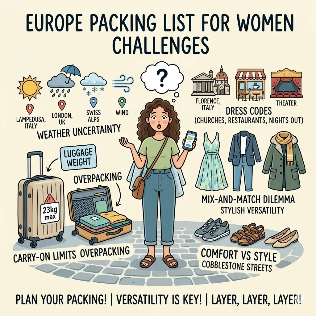 Woman surrounded by travel icons showing packing challenges for Europe packing list for women