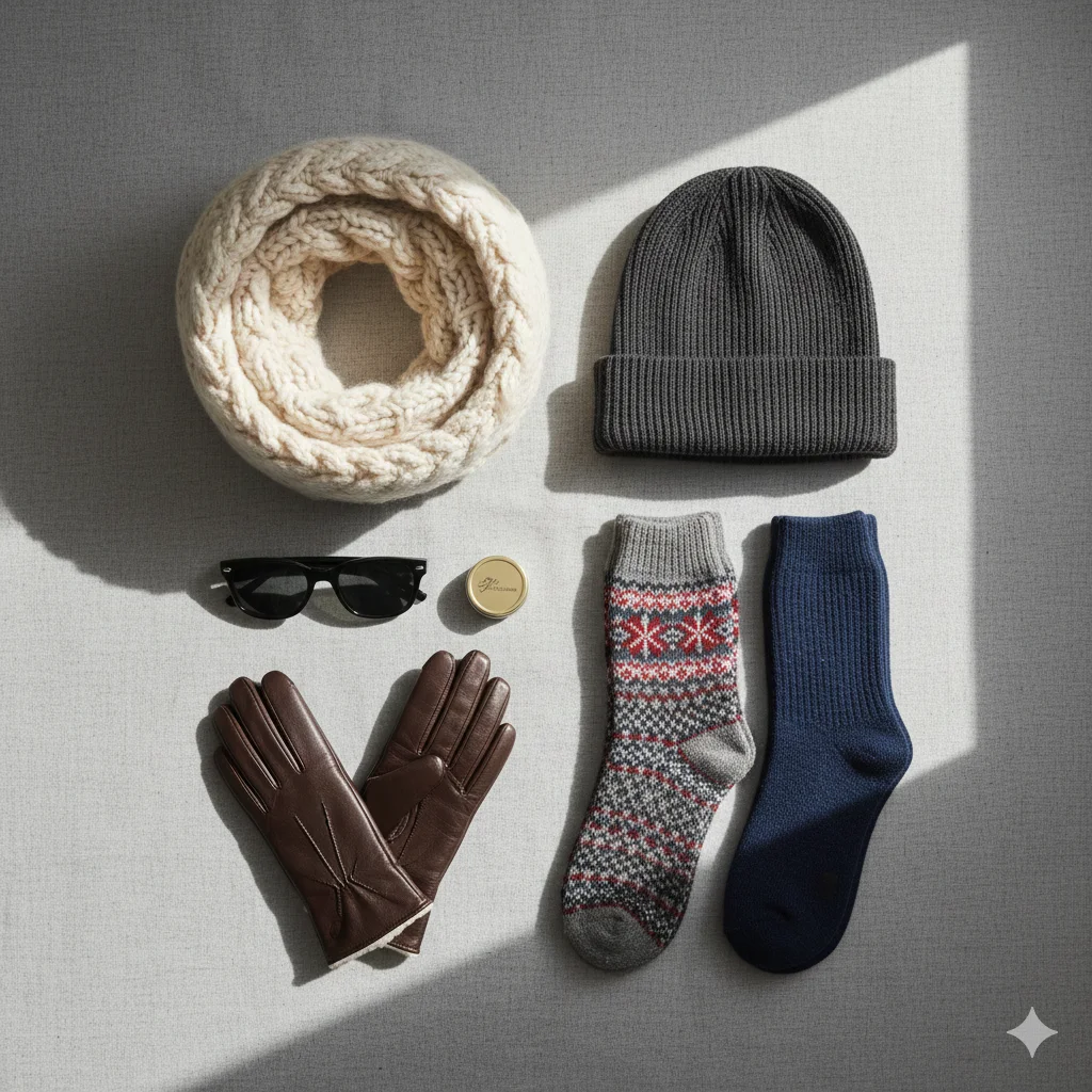 Winter travel accessories for Europe including scarf and gloves