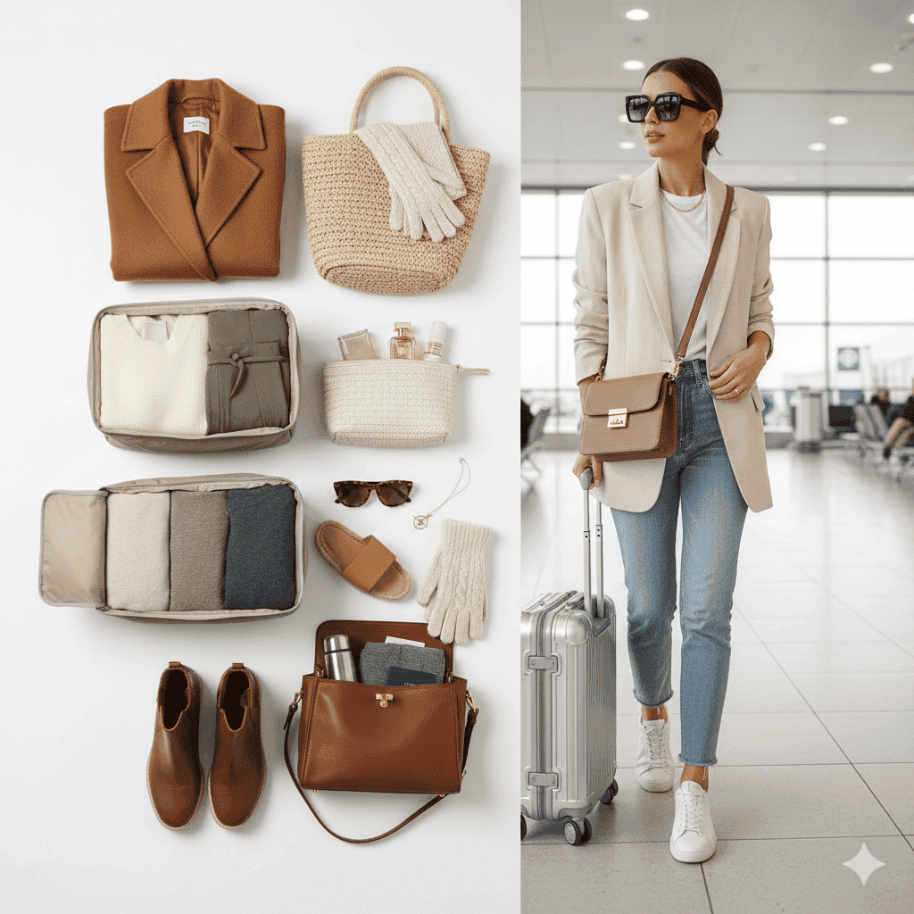 Winter travel essentials for women featuring wool coat, boots, scarf and thermal layers in neutral tones.