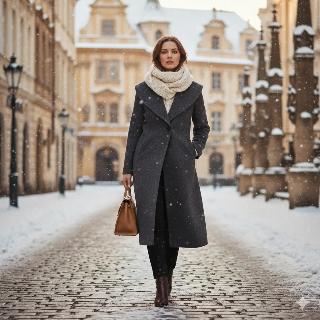 Stylish winter travel outfit for Europe with wool coat and scarf in snowy city