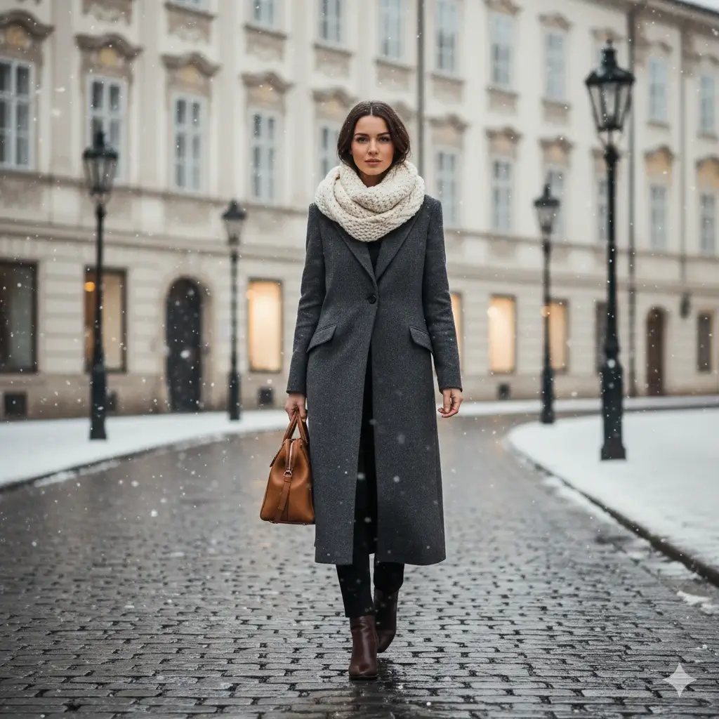 Winter Travel Outfits for Europe styled with a wool coat and scarf in a snowy city.