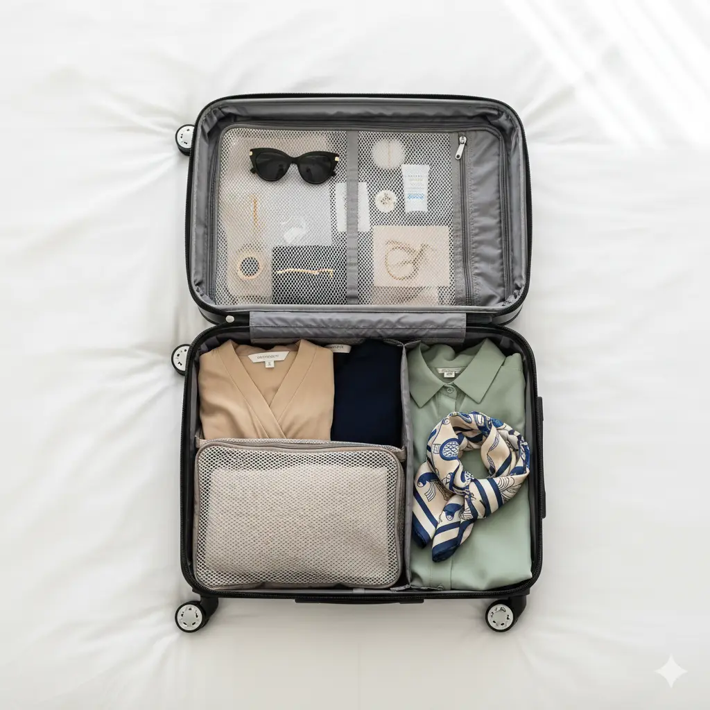 Open suitcase packed with wrinkle-free travel dresses neatly arranged