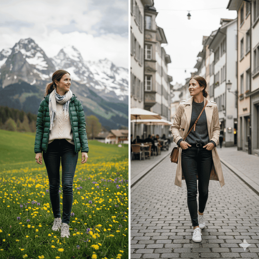 Spring city outfit example for what to wear in Switzerland in May in Zurich
