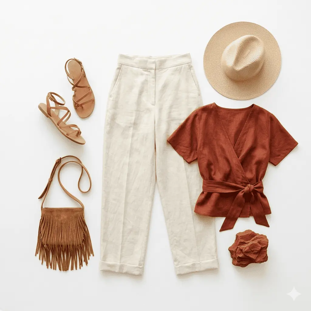Arizona travel fashion flat lay showing ivory, terracotta and sage outfit pieces for desert travel