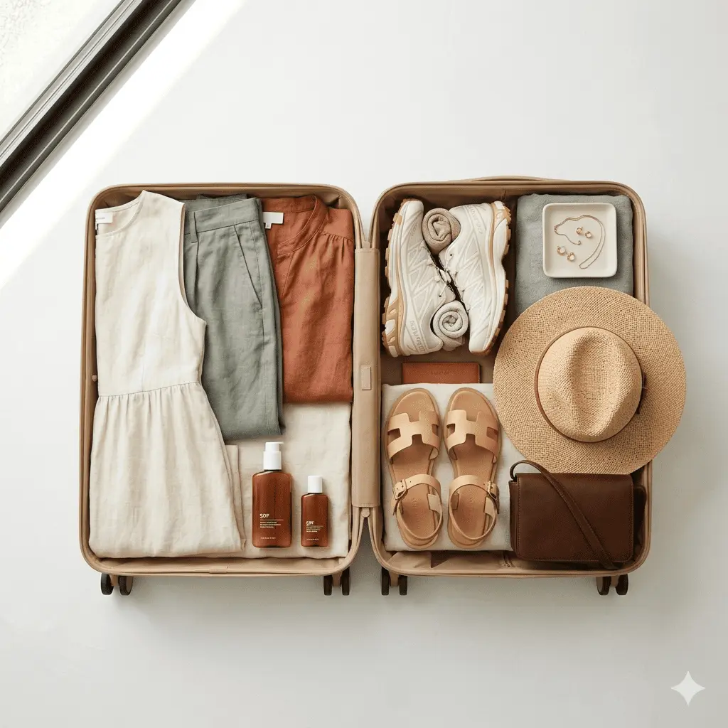 Neatly packed suitcase with Arizona travel fashion essentials for Sedona and Scottsdale — desert outfit packing list