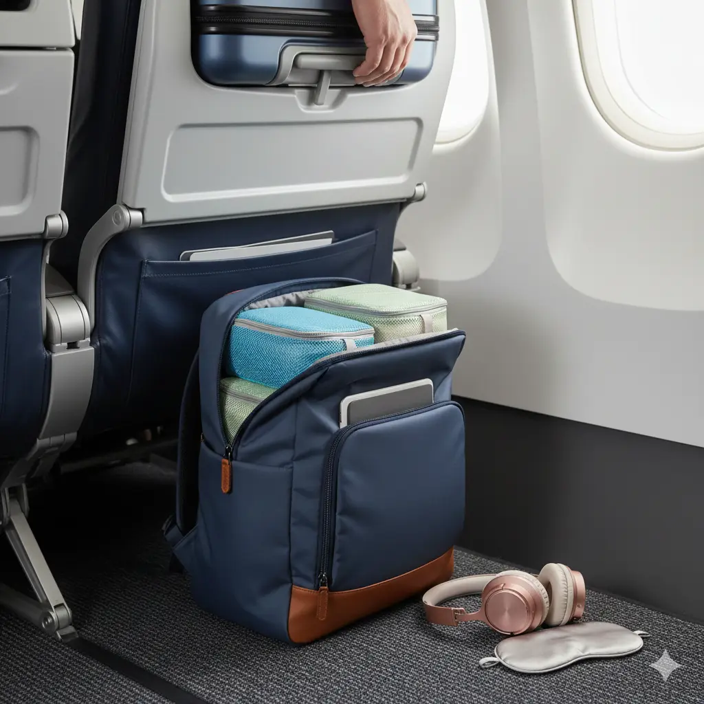 Compact carry-on backpack for women fitting under airplane seat.