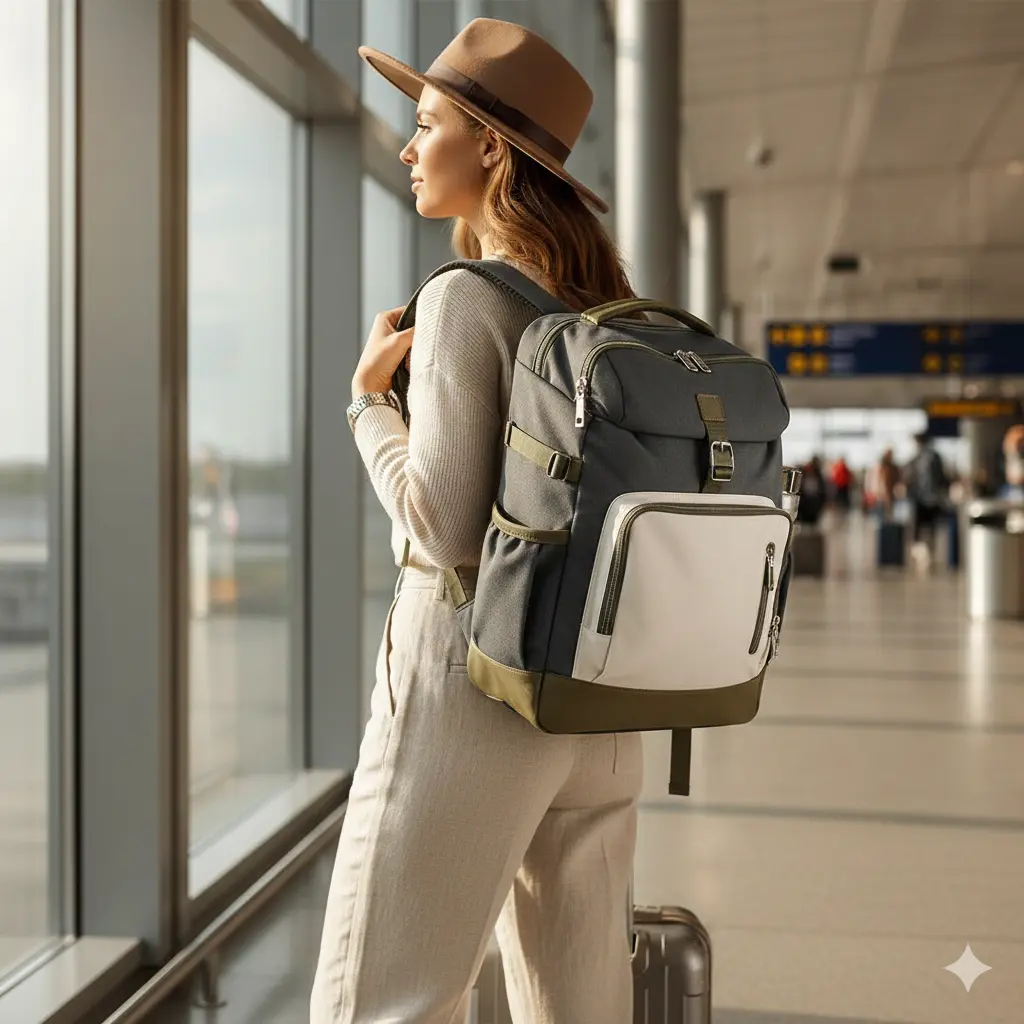 Woman at airport wearing a stylish and spacious travel backpack for women.