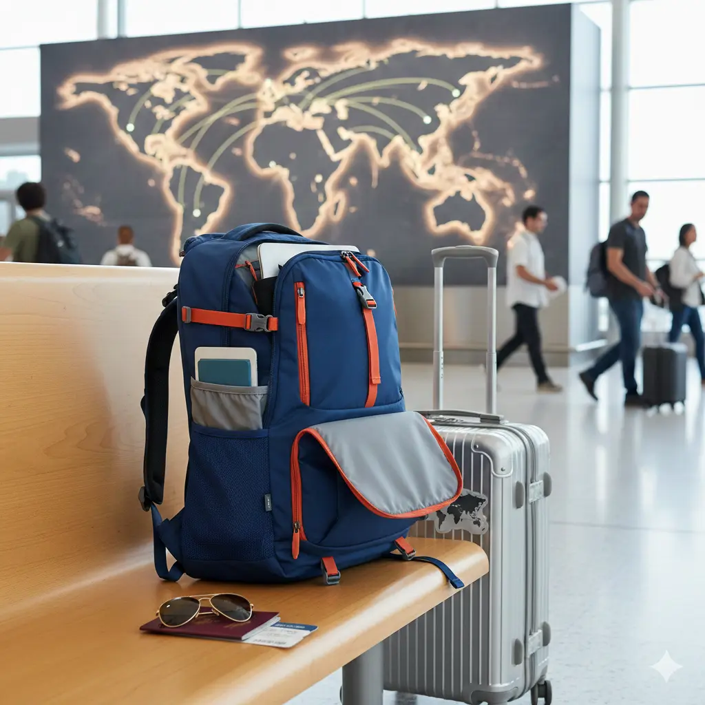 A modern women’s travel backpack with multiple compartments on a travel setup with passport, sunglasses, and suitcase, representing best backpacks for women travelers