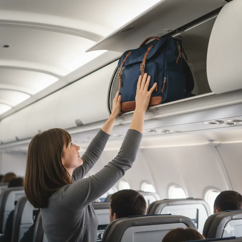 Carry-on compliant travel backpack for women fitting in airplane overhead bin.