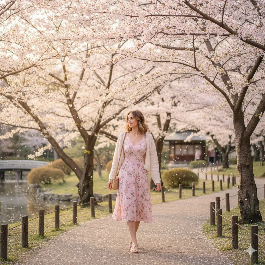 Stylish female tourist wearing a pastel pink midi dress and light cardigan walking through a park filled with cherry blossom trees in Japan during spring. Petals falling, romantic travel atmosphere, soft sunlight, fashion travel photography.