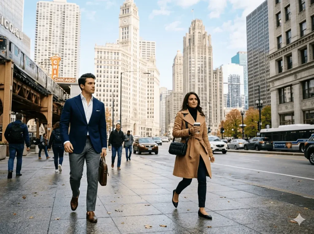 Chicago Loop street style — professionals in sharp blazers and trench coats walking along Michigan Avenue with skyscrapers in the background