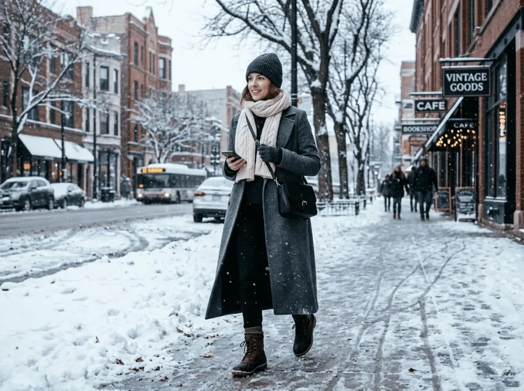 Chicago winter street style tips — fashionable person in stylish layered winter outfit with wool coat, scarf, and insulated boots on a snowy Chicago street