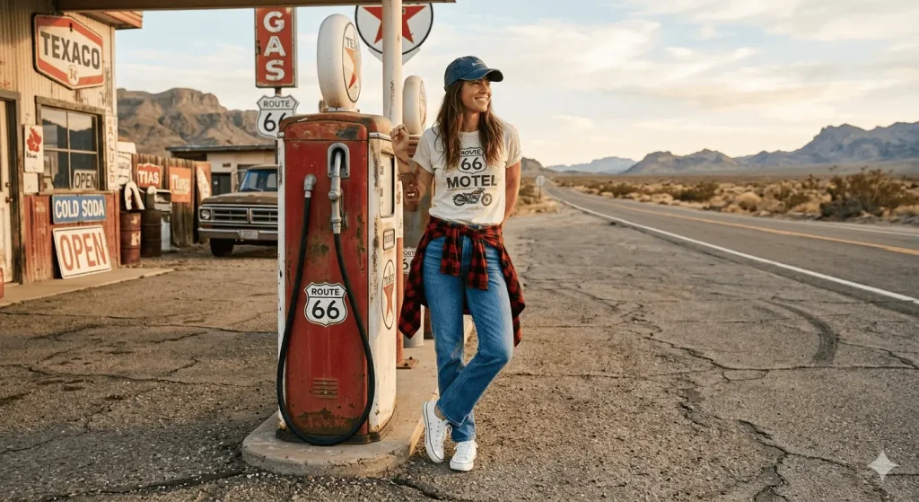 Woman in classic American road trip outfit with jeans flannel shirt and sneakers posing at a vintage Route 66 gas station