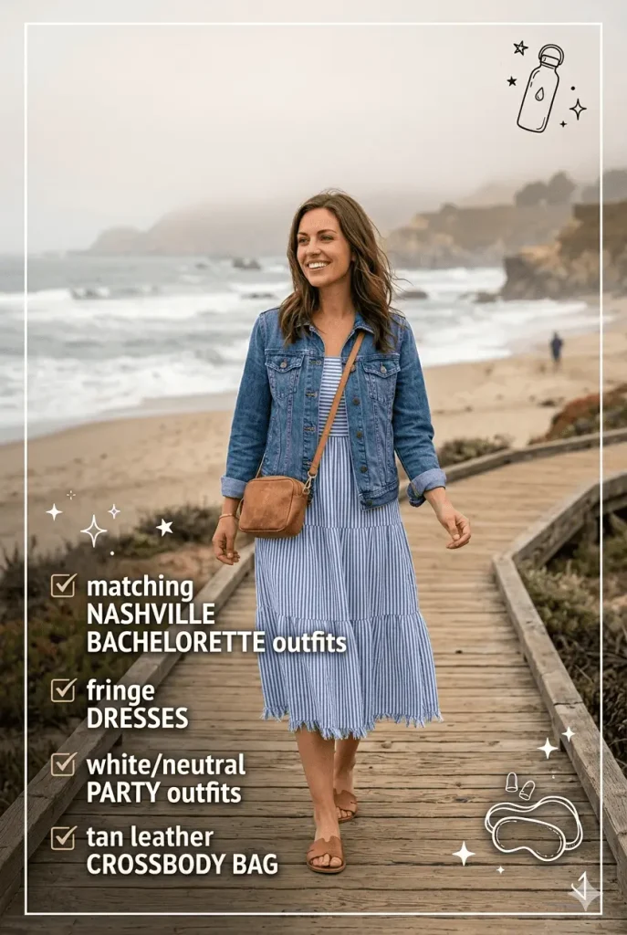 Stylish woman wearing a striped sundress and denim jacket walking along a Pacific Coast beach boardwalk during a road trip