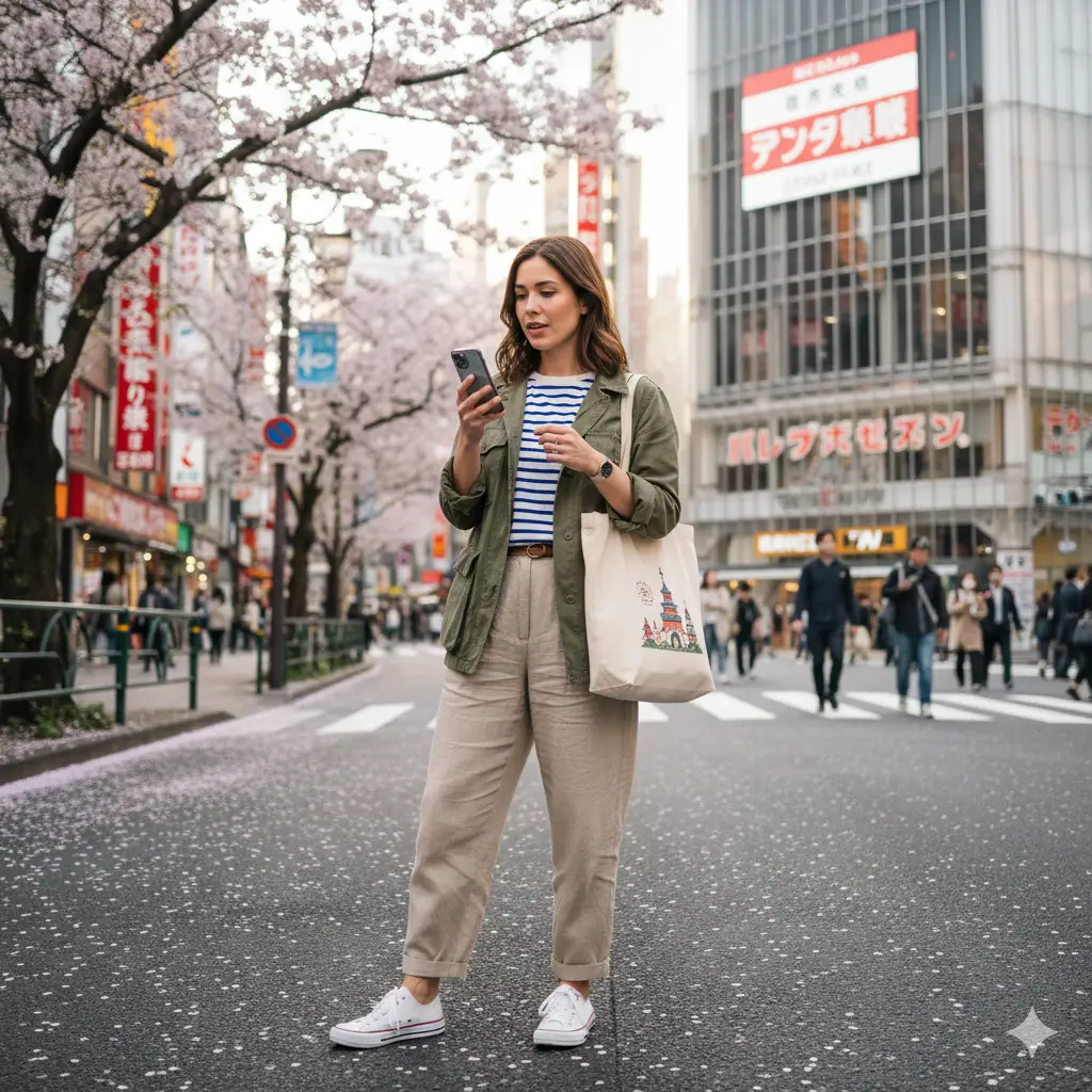Comfortable walking outfit for exploring Japan in spring