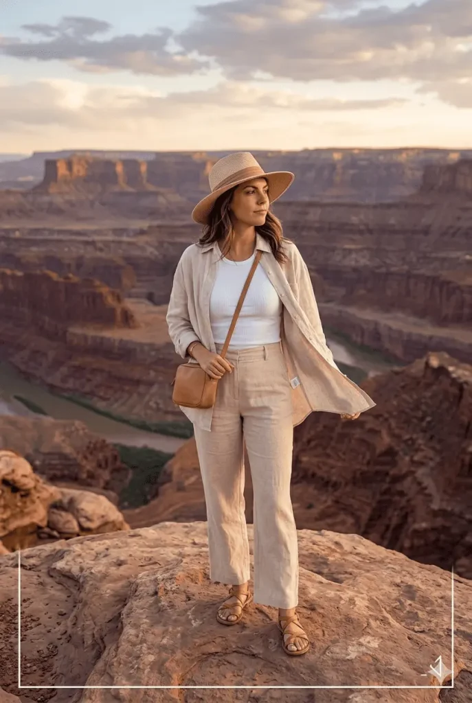 Woman in linen road trip outfit standing at a desert overlook in the American Southwest with red rock formations in the background